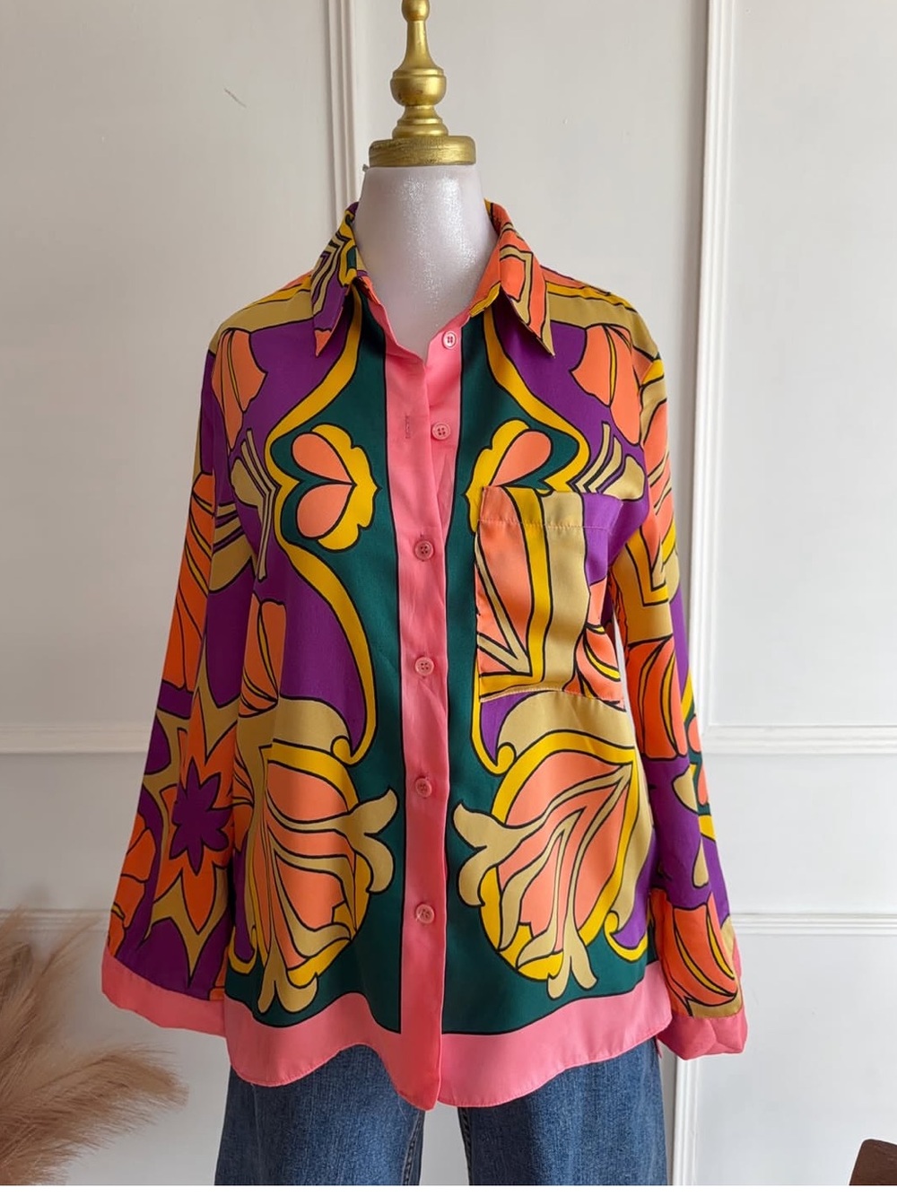 Zara NWT satin Vibrant Floral Print Button-Down Shirt in Purple, Orange & Yellow - Picture 3 of 9